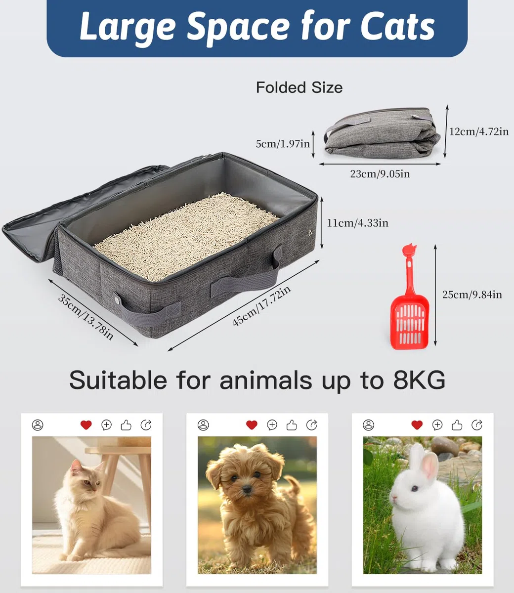 Lettiera Portatile Toilette per Gatti con Coperchio, Lettiera Gatto Aperta con Cerniera e Manico a Paletta, Litter Box per il Viaggio, Leggera, Facile da Pulire, Pieghevole, a Prova di Perdite