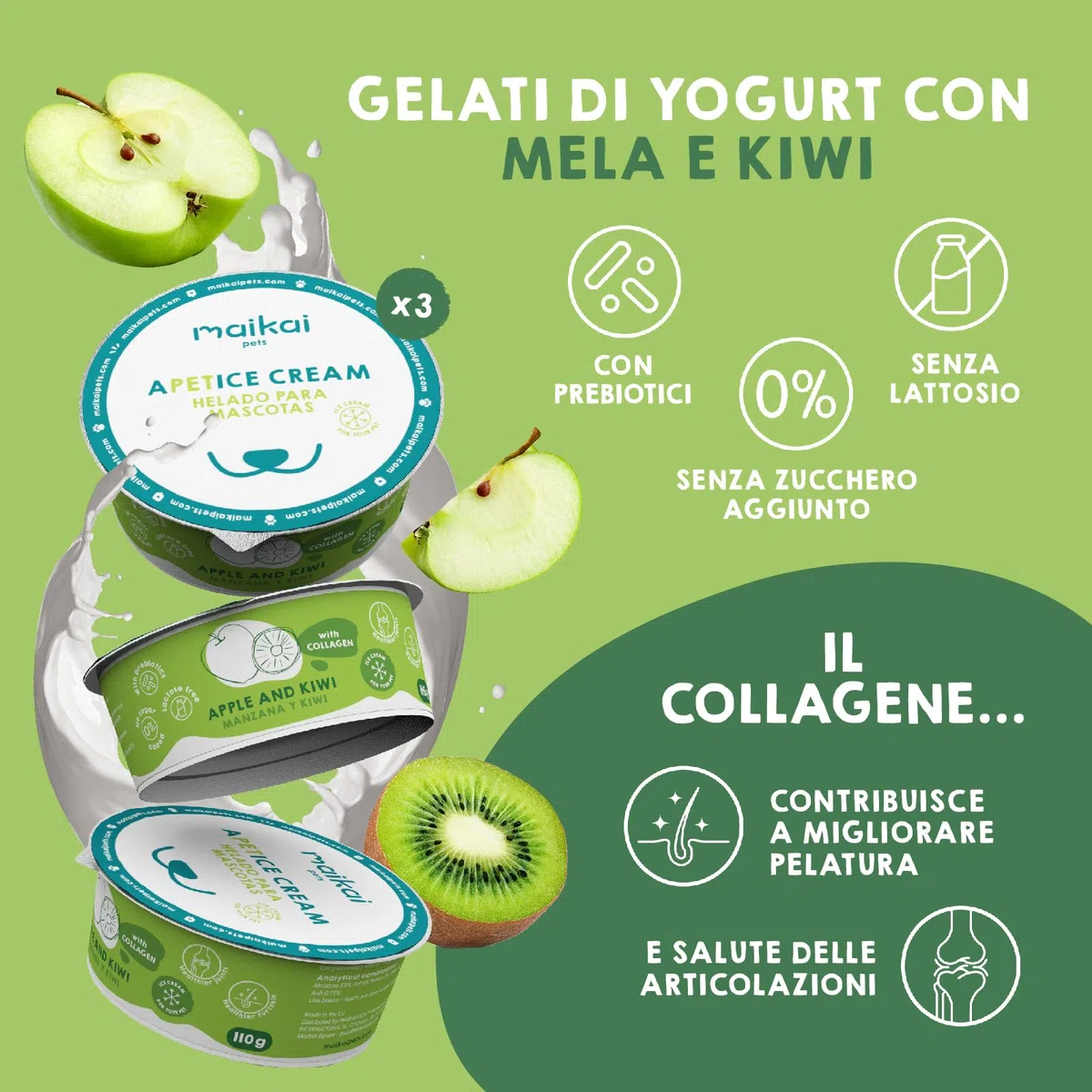 MAIKAI Confezione da 6 Gelati per Cani e Gatti – Snack Rinfrescante con Collagene e Inulina – Senza Lattosio, Idratante, Funzionale – Condroprotettore e Prebiotico Naturale per l’Estate