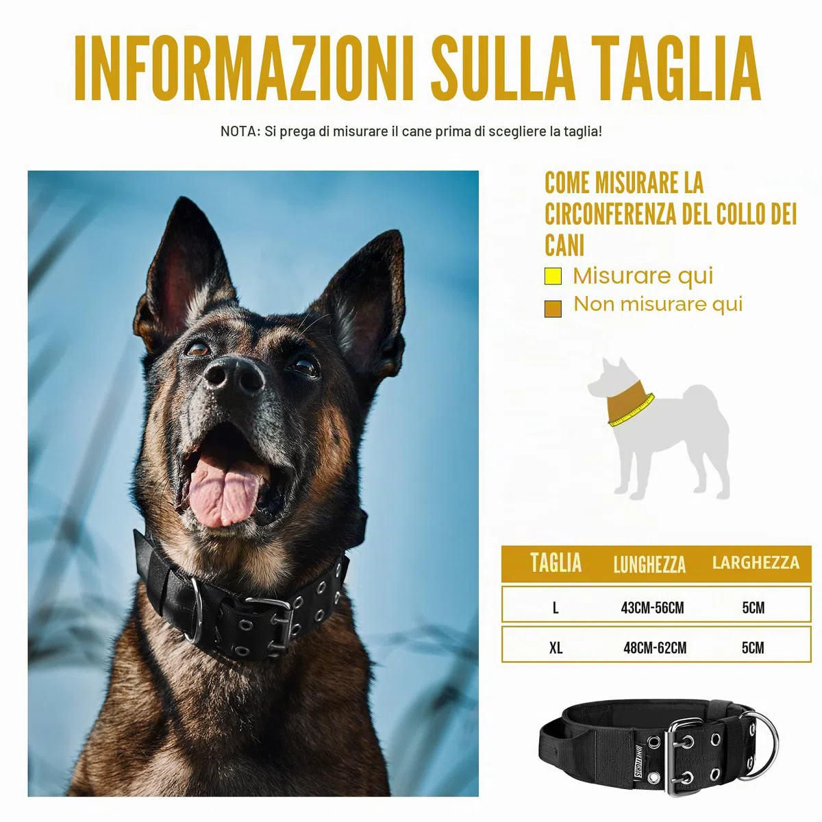 OneTigris Collare per cane largo 5 cm, con manico e toppa per cani di grandi dimensioni, nero, taglia L
