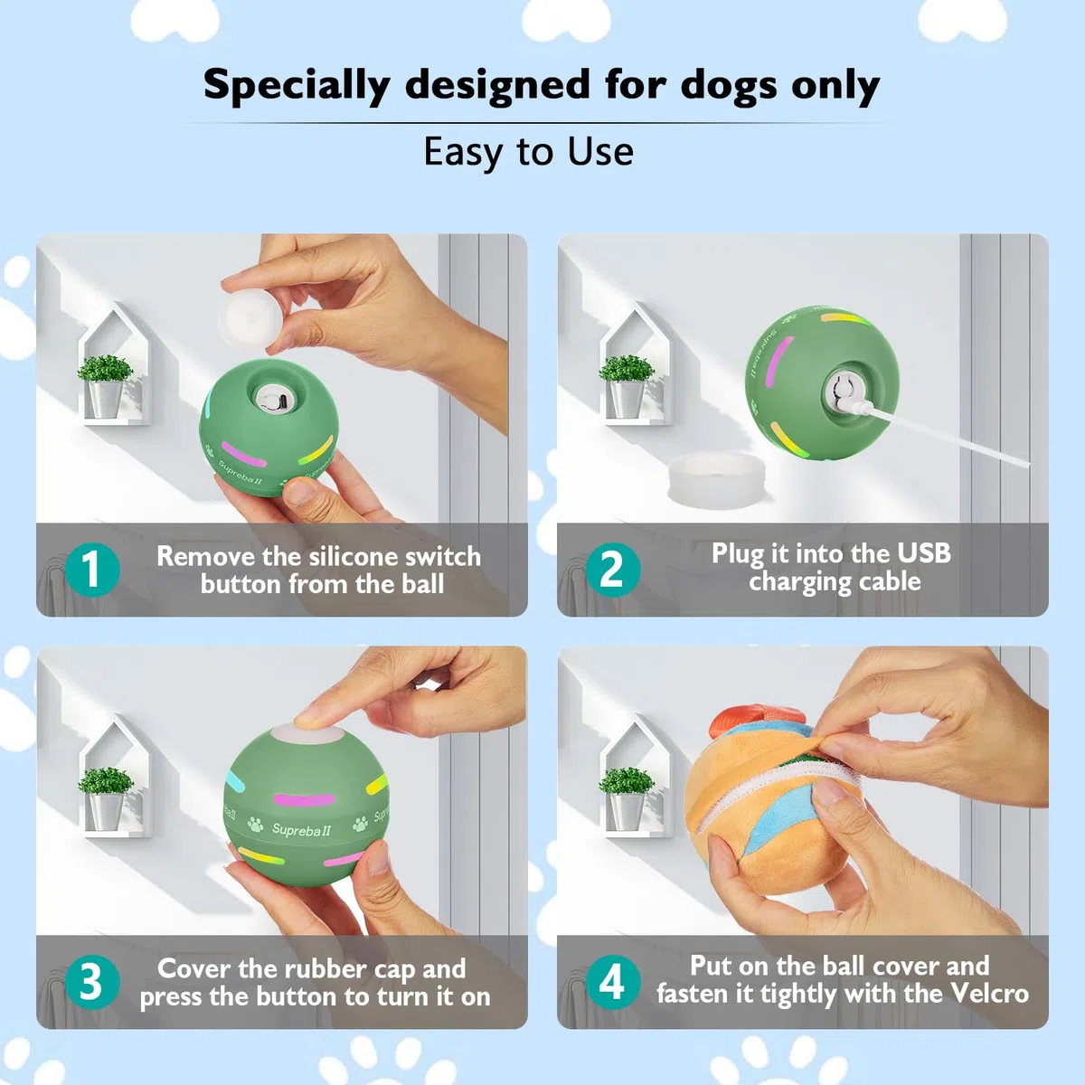 Petiepaw Giocattoli interattivi per cani, palla rotante automatica resistente per cuccioli/cani piccoli/medi, ricaricabili USB (verde)