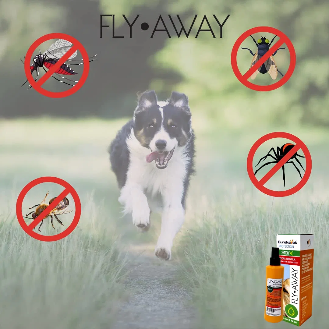 FLY AWAY Eurekavet Spray Antiparassitario 100% Naturale con Olio di Neem - Efficacie Contro: Mosche, Tafani, Flebotomi, Zanzare, Pulci, Zecche, Acari. Antipulci Spray 200ml Cani e Gatti.