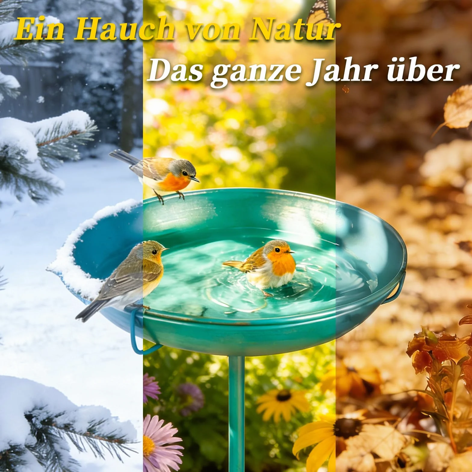 Mellbree Abbeveratoio per uccelli in piedi, 25 cm, grande bagno per uccelli con asta di seduta, multifunzionale per giardino, abbeveratoio per uccelli in metallo blu mare con decorazione dorata