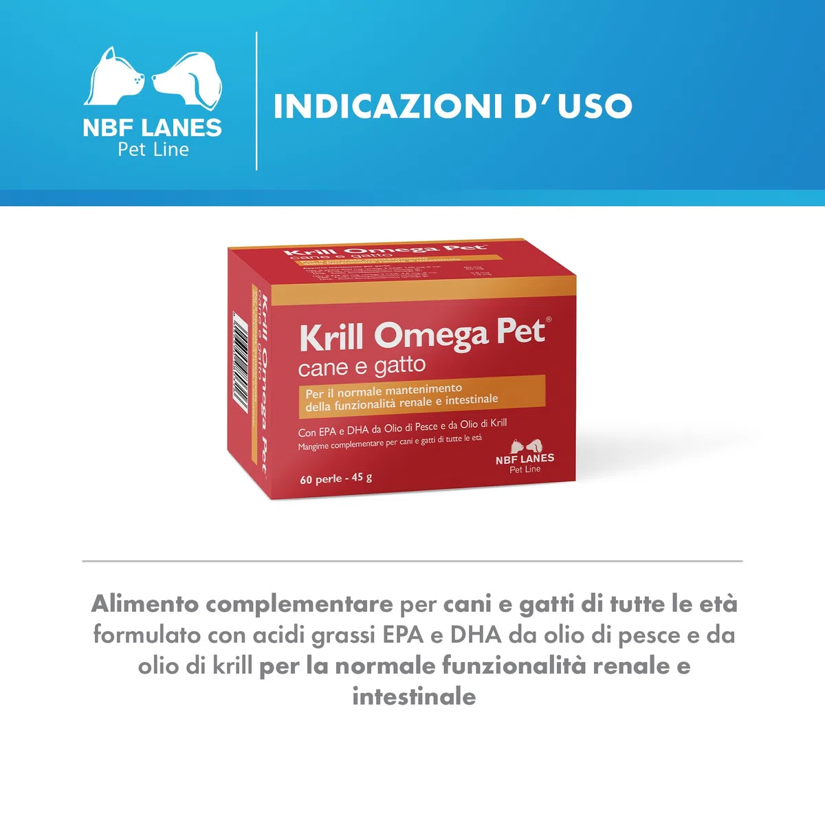 NBF Lanes | Krill Omega Pet Cane e Gatto, 60 Perle Appetibili, per il Normale Mantenimento della Funzionalità Renale e Intestinale