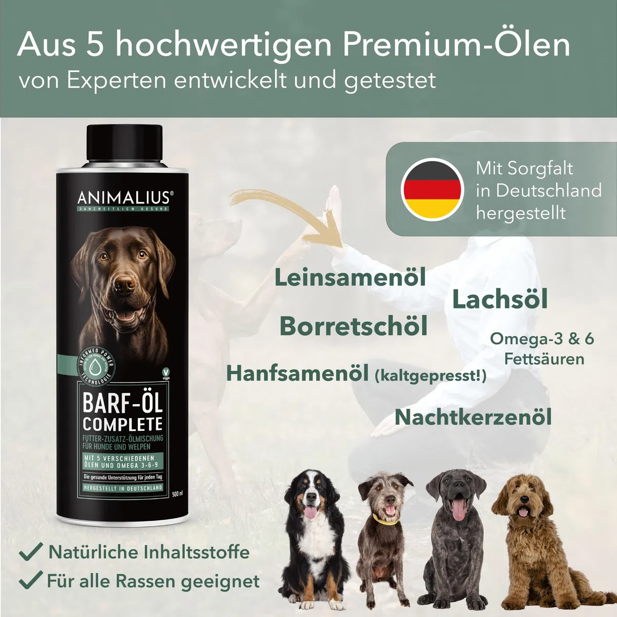 Olio Barf Complete per cani | Olio per mangimi premium Barf con olio di salmone, lino, semi di canapa, enotera e borragine, 500 ml