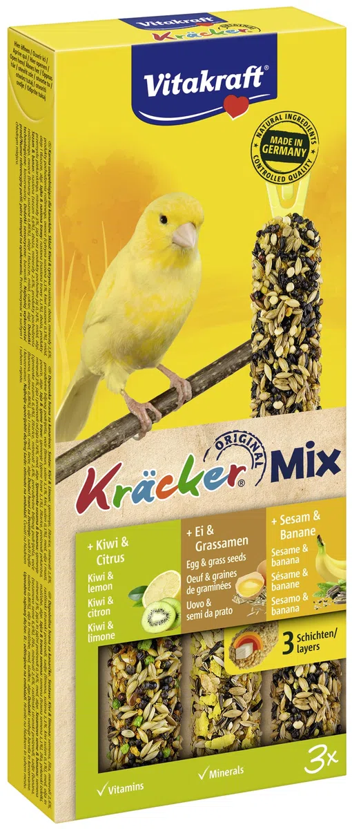 Vitakraft Kräcker Mix, snack per uccelli, per canarini, bastoncini da sgranocchiare, con uovo e semi da prato, con kiwi e limone, con banana e sesamo, senza zuccheri aggiunti (10x 80g)