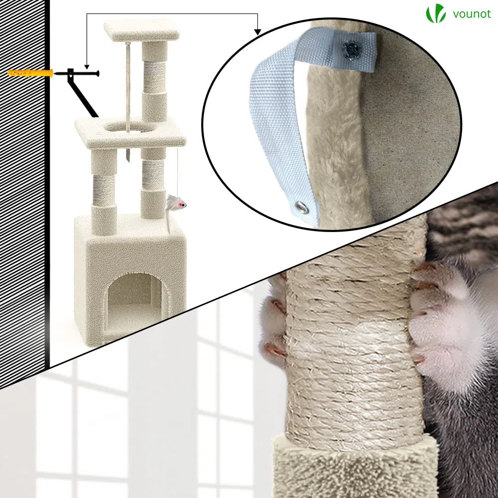 VOUNOT® Tiragraffi per Gatti, Albero Tiragraffi Gatto in Corda Sisal Naturale con Giocattolo Gioco, Altezza 88cm, Beige