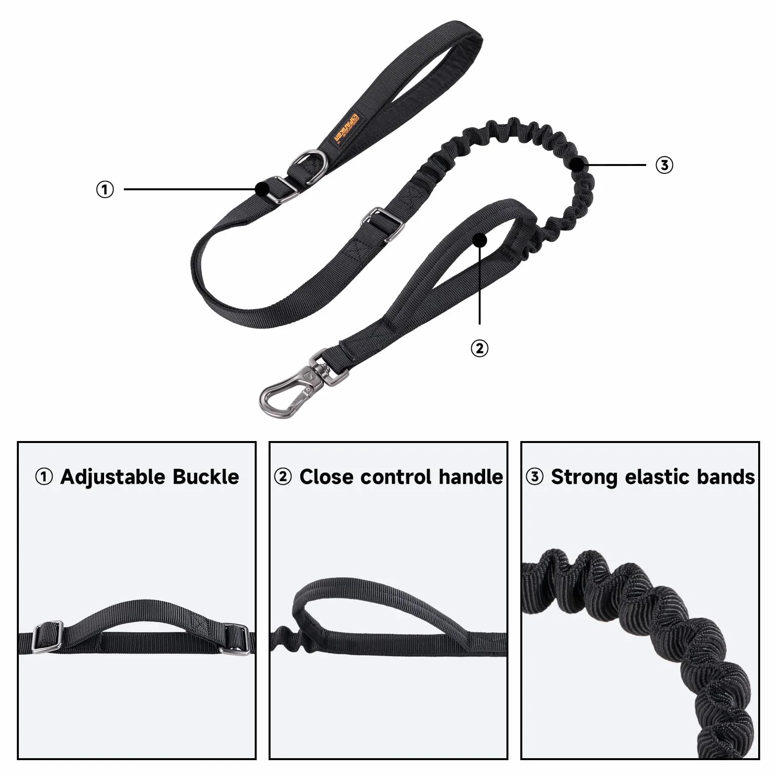 EXCELLENT ELITE SPANKER Guinzaglio tattico per cani 5-6FT Regolabile senza tirare Guinzaglio militare per cani Corda elastica con 2 impugnature di controllo imbottite(BLK)