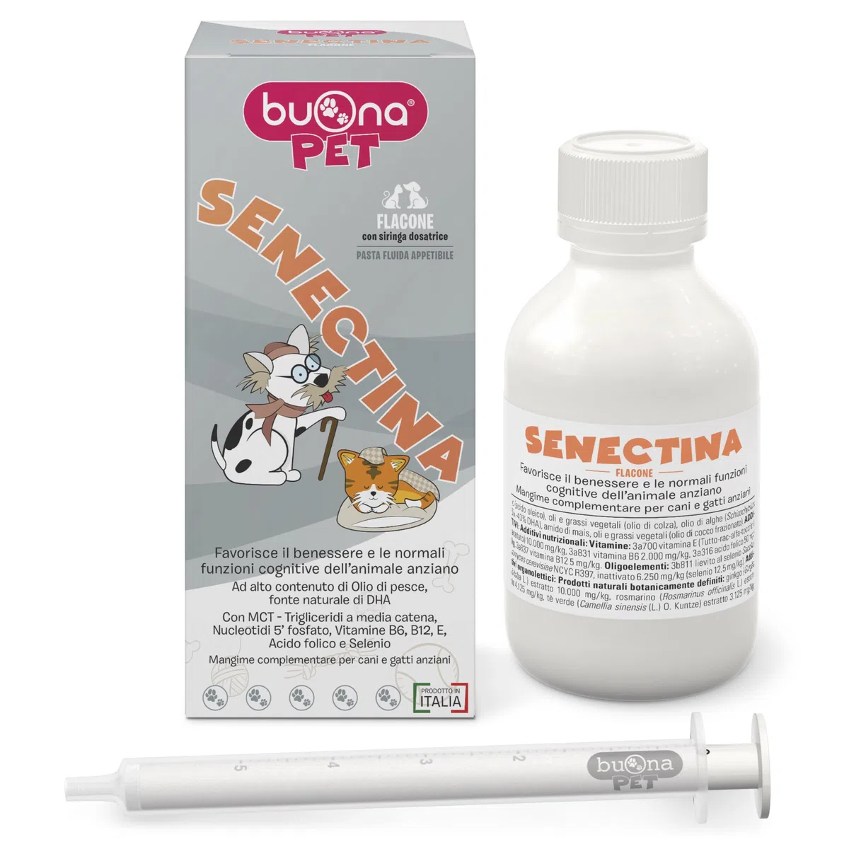 Senectina Buona Pet Integratore Cane Anziano e Integratore Gatto anziano Flacone 90g con Olio di Pesce fonte di Omega 3 Per Cani e Gatti, Mangime Complementare Pasta Fluida con Siringa Dosatrice