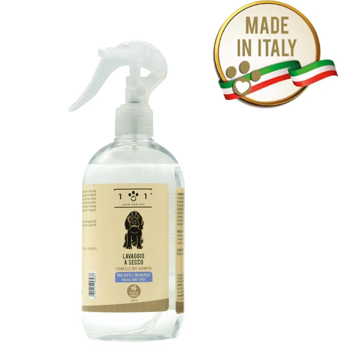 Shampoo a Secco Naturale per Cani - Lavaggio Senza Bisogno di Acqua o Risciacquo - Ingredienti di Origine Vegetale - per Tutti i Tipi di Pelo, Linea 101 (500ml)