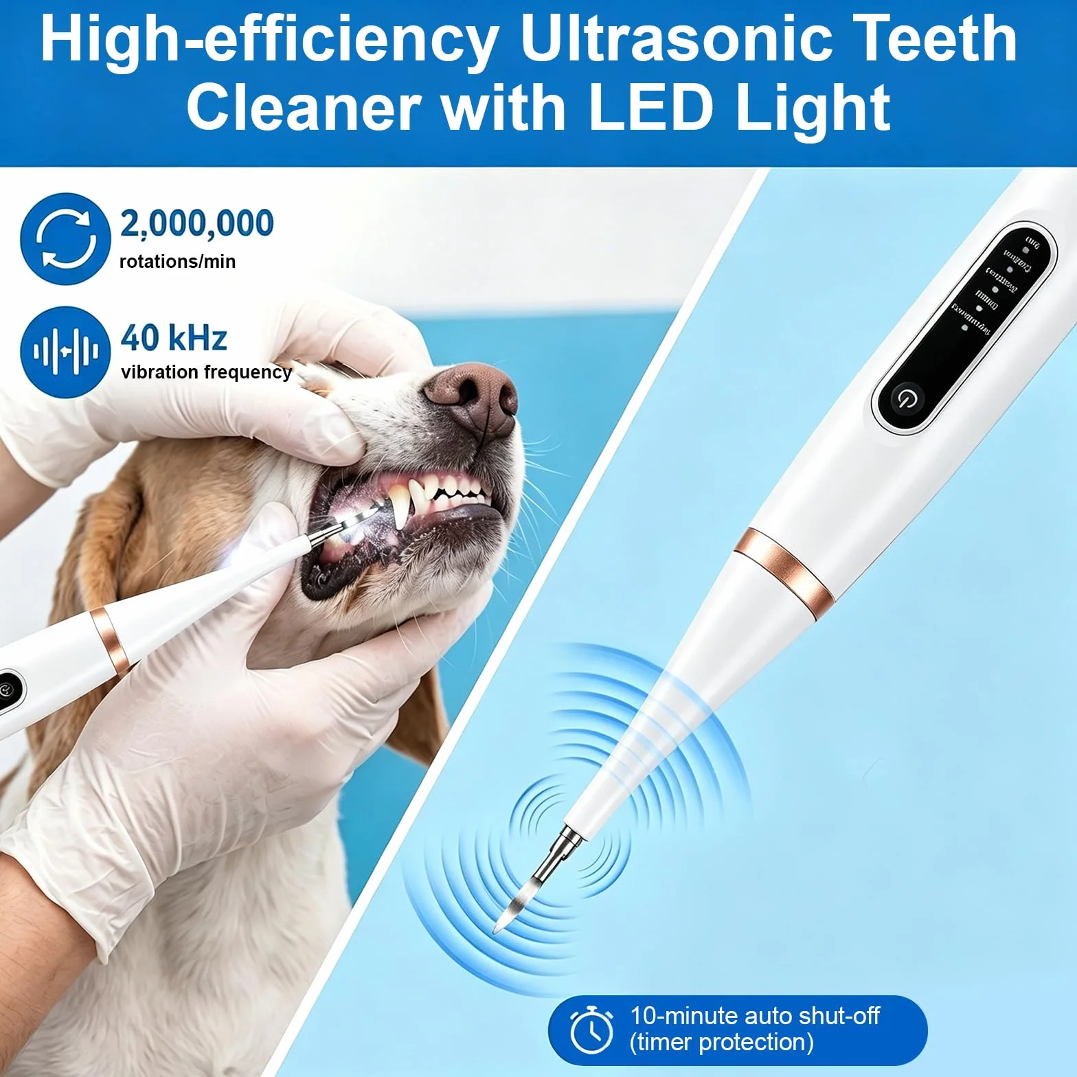 Pulitore Dentale a Ultrasuoni per Cani e Gatti Bianco – 5 Modalità con LED, Rilevamento Gengive, IPX7, Ricaricabile USB-C, Kit Completo