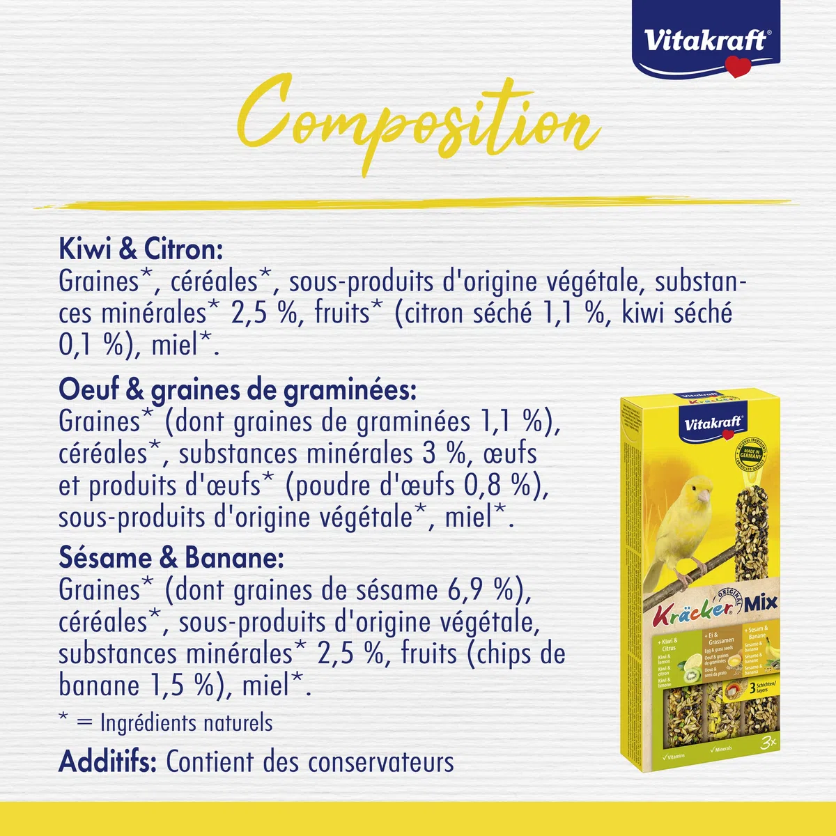 Vitakraft Kräcker Mix, snack per uccelli, per canarini, bastoncini da sgranocchiare, con uovo e semi da prato, con kiwi e limone, con banana e sesamo, senza zuccheri aggiunti (10x 80g)