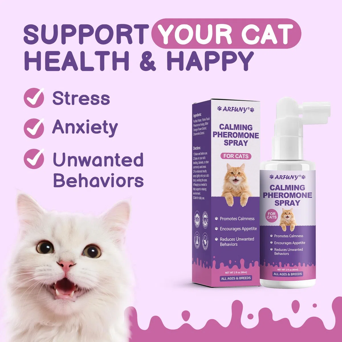 Spray calmante per gatti, aiuta a risolvere problemi comportamentali, stress, ansia, per casa, viaggi, toelettatura, con feromoni per gatti e ingredienti naturali