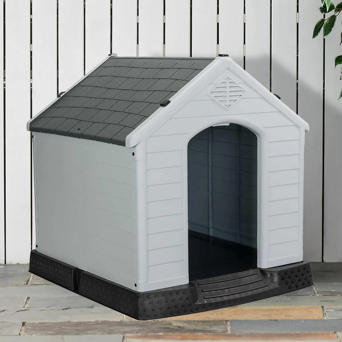 Aqpet Cuccia per Cani in Plastica per Esterno Interno Casa Giardino, Impermeabile con Pavimento Rialzato, per Cani Taglia Media 87 x 78 x 81 H, Grigio