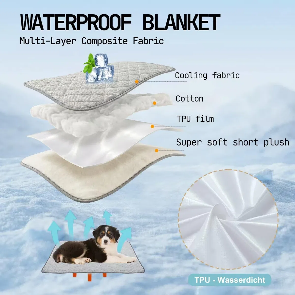 Coperta rinfrescante per cani lavabile e impermeabile, Q-MAX>0.4, 75×60 cm, doppia faccia rinfrescante e peluche, per divano e cani di piccola taglia