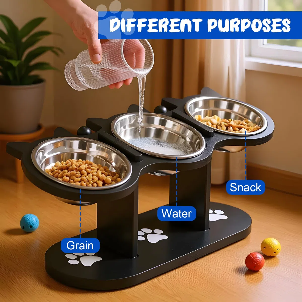 GOMETY Ciotola per gatti 3 in 1, rialzata, set da 3 pezzi, con 3 ciotole in acciaio inox, altezza regolabile, con supporto in legno, ergonomica, per cani (nero)