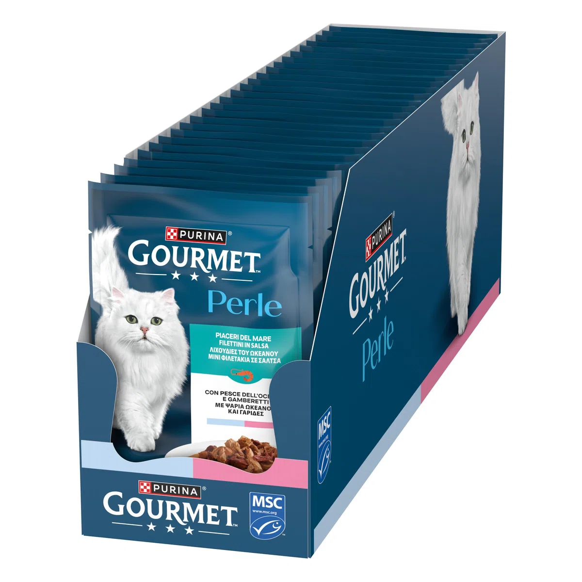 GOURMET Perle Piaceri del Mare Cibo Umido per Gatti Adulti Filettini con Pesce dell'Oceano e Gamberetti 26 Buste da 85g