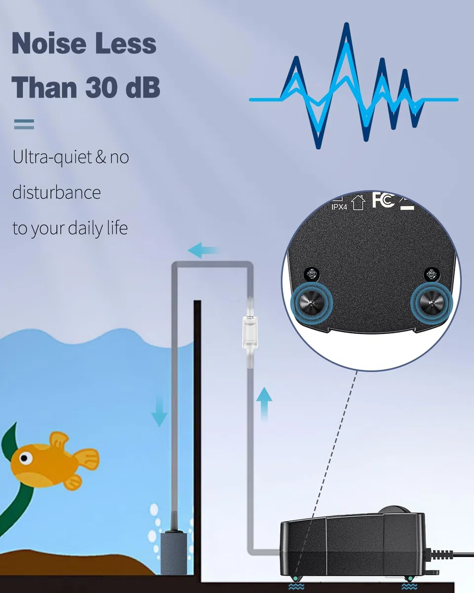 Pawfly ad aria per acquari Pawfly 190L/H per secchi per acquari da 40-230 L Pompa aeratore silenziosa a doppia uscita con tubo di linea aerea Attacchi per pietre d'aria e valvole di non ritorno