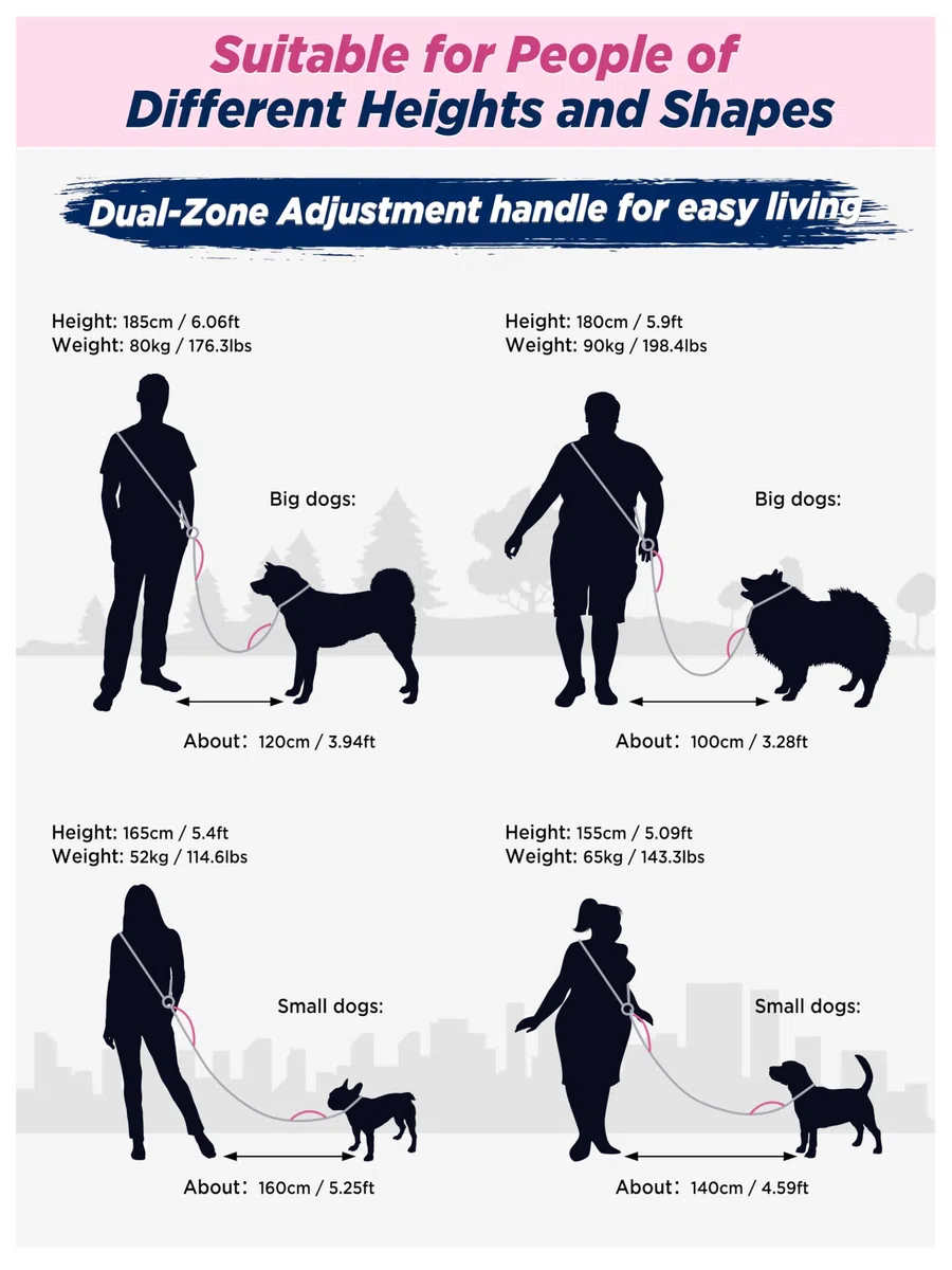 Guinzaglio per cani Hands-Free per tutte le taglie - 2,0-3,9 m, con doppia fibbia regolabile e maniglia imbottita per 1 o 2 cani di taglia media/grande, 8-50 kg, nero