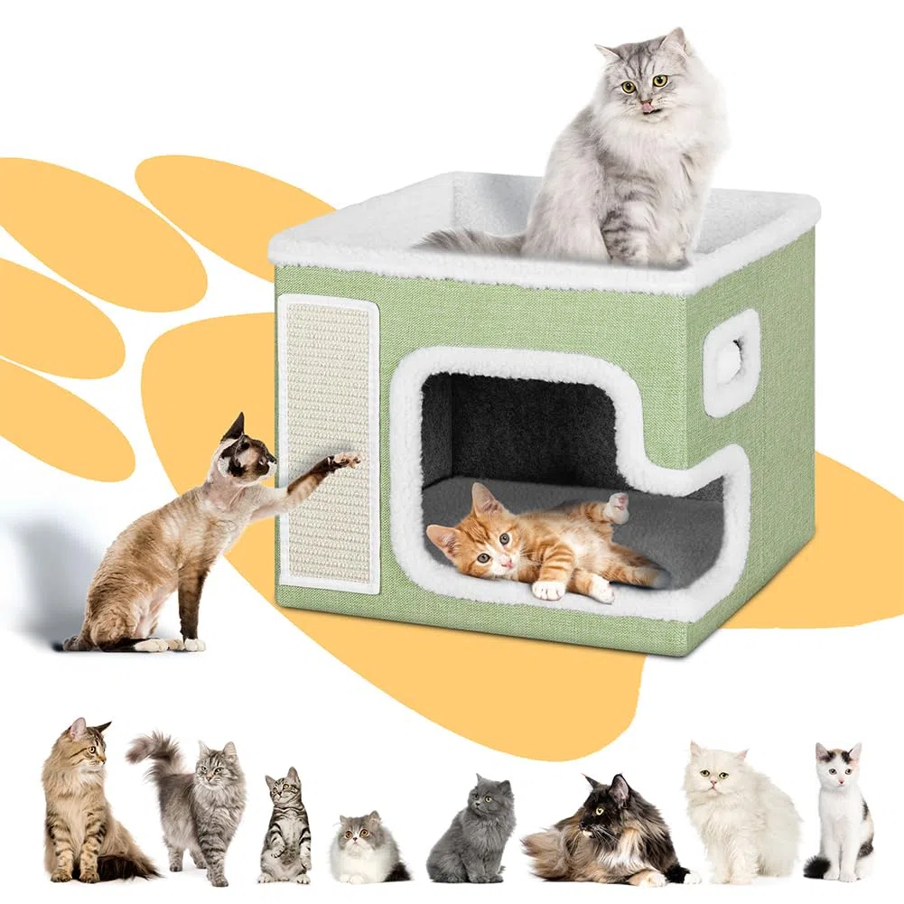 BAKAJI Cuccia per Gatti pieghevole con Grande Ingresso, Casetta Rifugio per Animali Domestici, Tiragraffi in Poliestere Caldo e Imbottito, Cuccetta Graffiatoio Base Antiscivolo 42x42x33 cm (Verde)