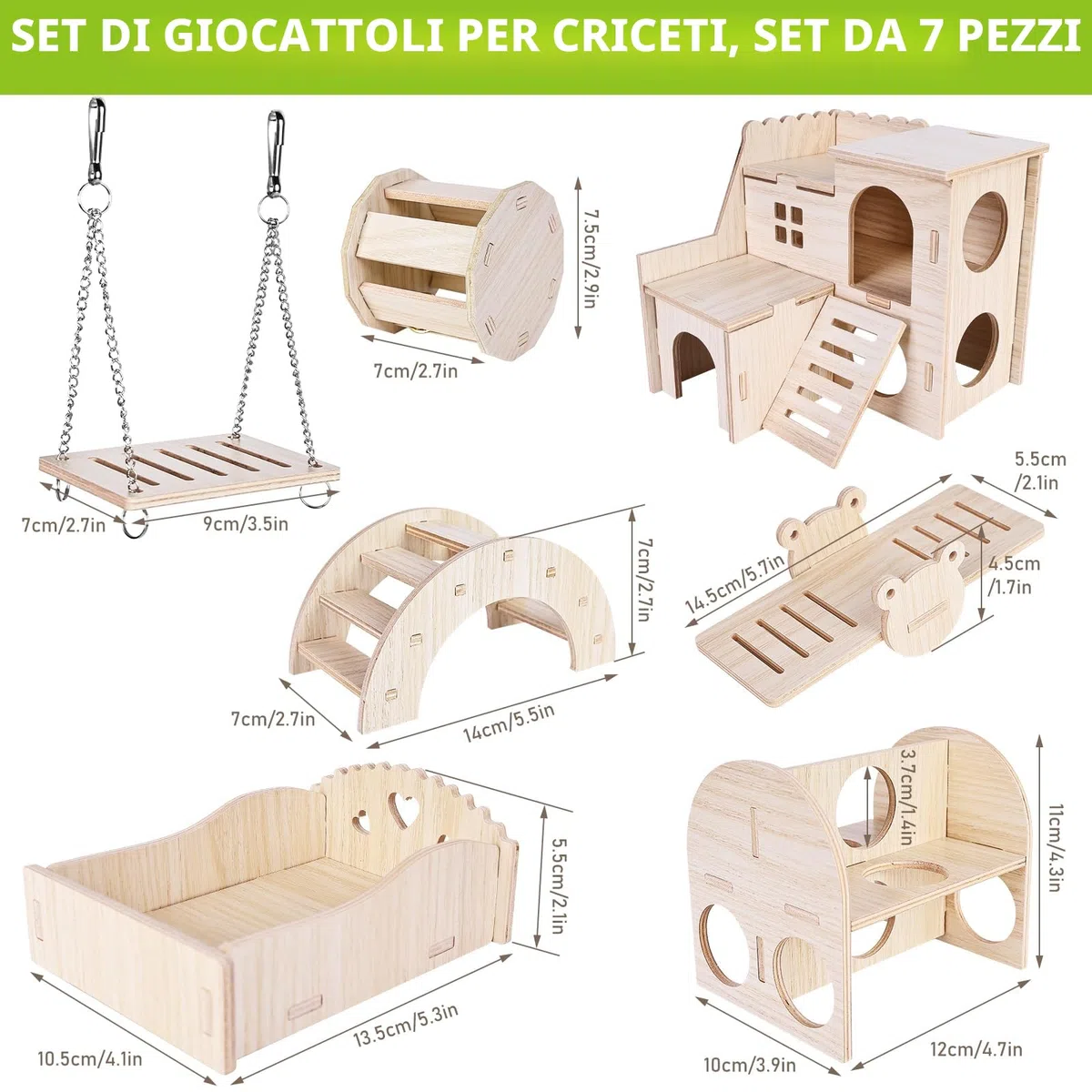 Giochi per Criceti, 7 Pezzi Giochi Criceto in Legno, Gabbia per Criceti, Casetta per Criceti, Criceto Giocattolo Fai Da Te, Accessori per Criceti, Altalena e Ponte per Porcellini D'india