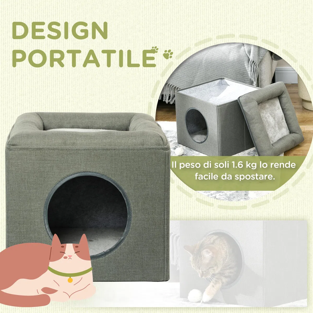 PawHut Casetta per Gatti a 2 Livelli con Cuscino in Peluche e Apertura Frontale, Cuccia per Gatti in MDF, Poliestere e Plastica, 36.5x36.5x33 cm, Verde