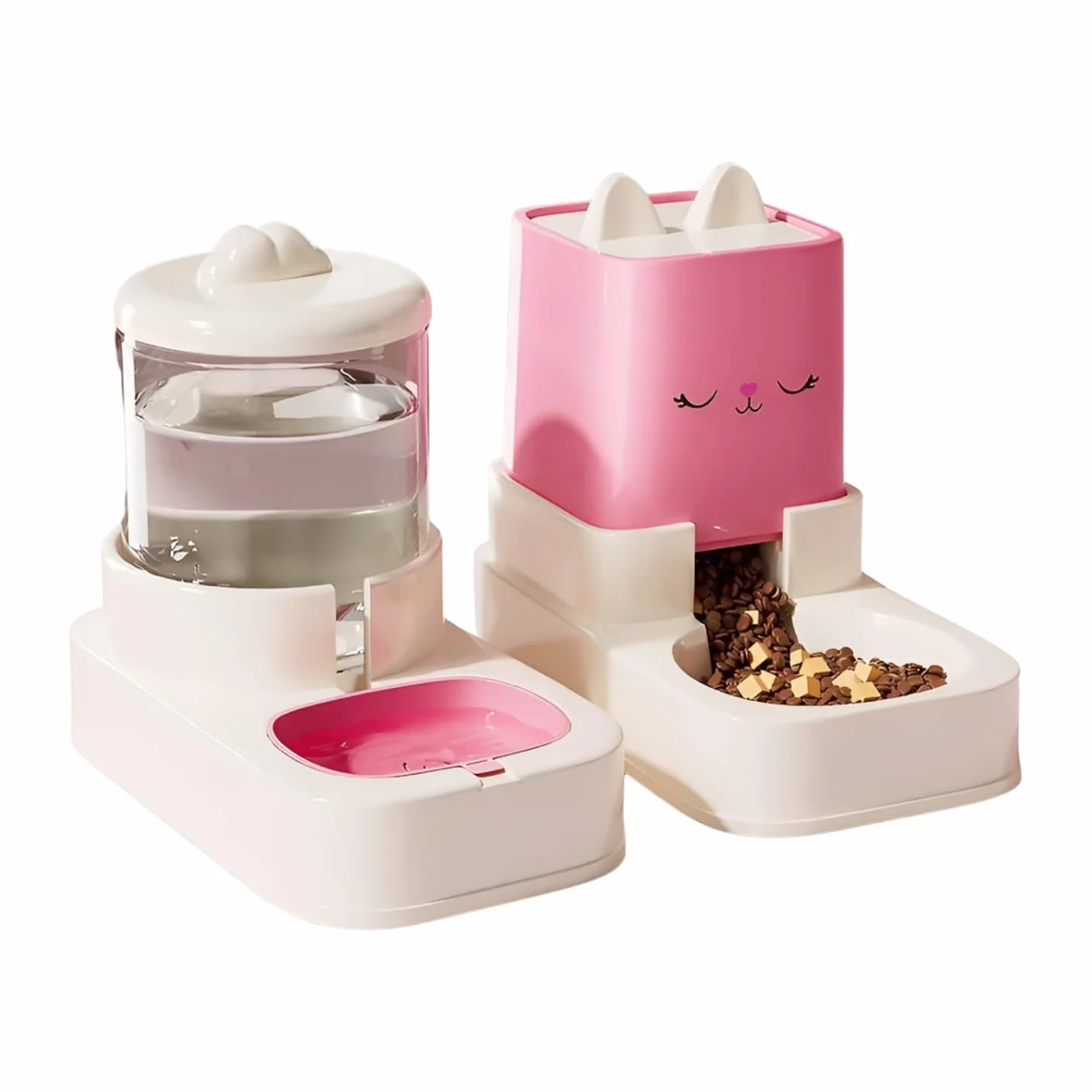 dispenser crocchette gatto,distributore cibo gatti, 2 ciotole con erogatore d'acqua 2,2 l + 1,8 l (rosa)