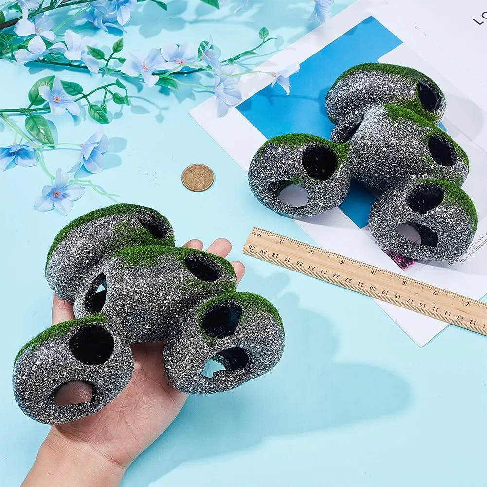 2 grotte di roccia per acquario con muschio artificiale, 8,9 x 18,3 x 14,9 cm, decorazioni per acquario, roccia con design cavo, per decorazione e habitat