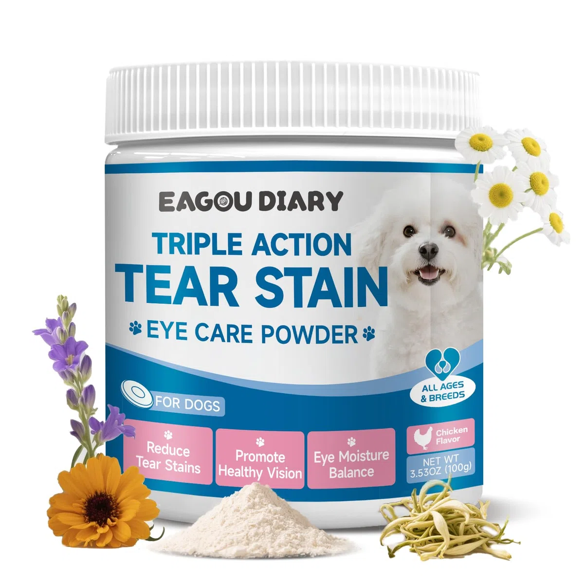 Rimuovi macchie lacrimali per cani - Integratore per macchie lacrimali dei cani, per la salute degli occhi e la cura del pelo bianco, con Luteina, Camomilla, Vitamine, Miscela di Probiotici, 100g