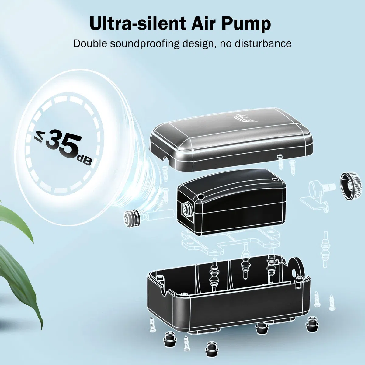 AQQA Ossigenatore per Acquario, ≤ 35dB Ultra-silenziosa Aeratore Acquario, 6W Pompa Aria per Acquario con Tutti Gli Accessori per Acquari da 10-380 Litri di Pesci