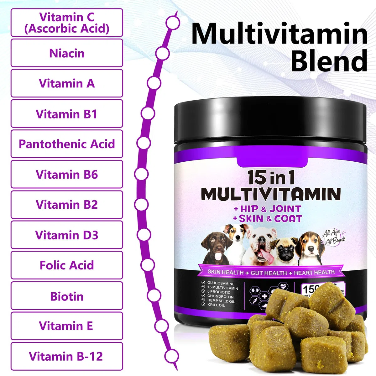 Caniglie Multivitamine Del Cane, 150 Masticazioni Vitamine per Cani, Integratori d'anca e Articolari, Sistema Immunitario, Pelle e Cappotto, Tutte le Età e Razze, Sapore di Anatra