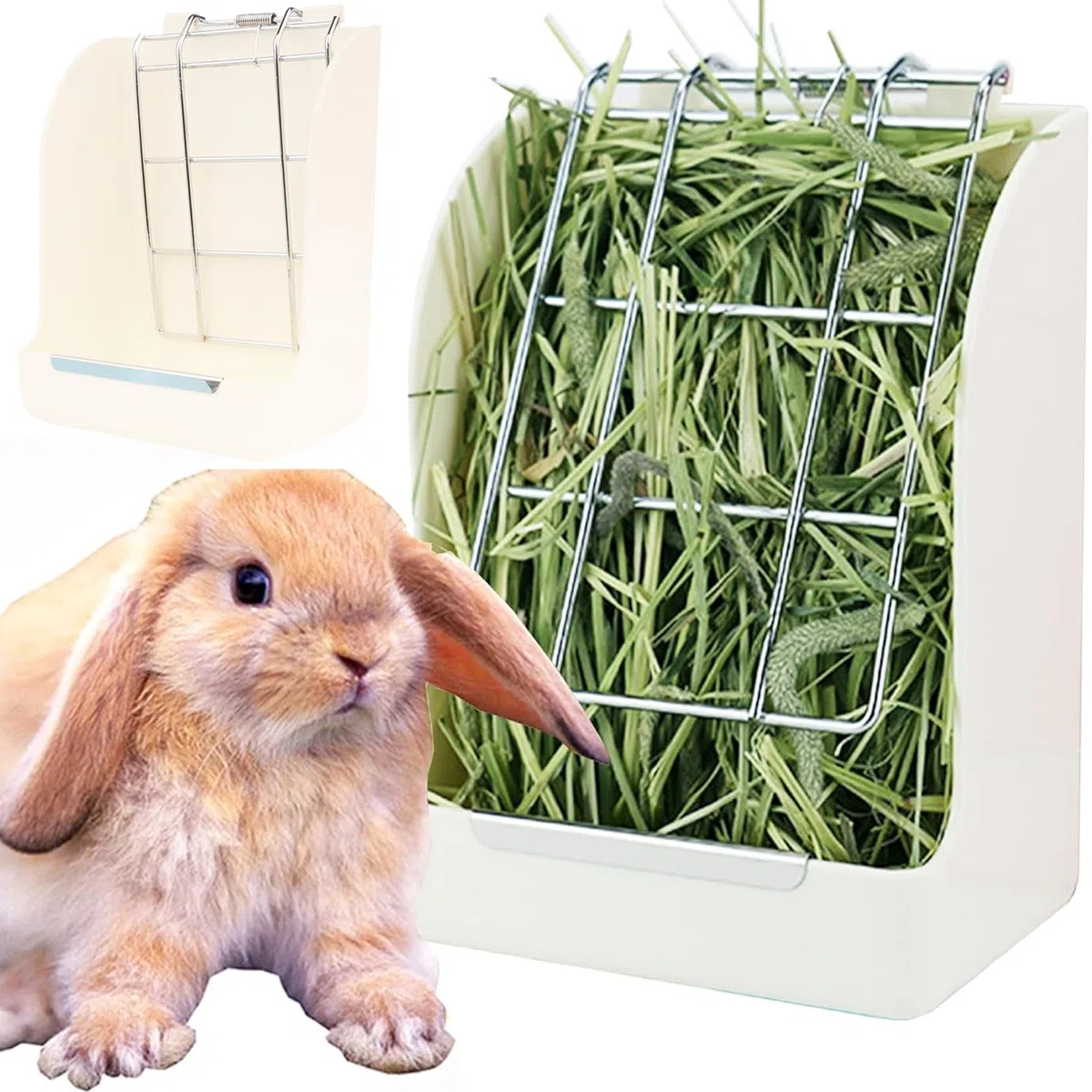 Fieno Alimentatore - Mangiatoia mangime per fieno per piccoli animali, coniglio, porcellino d'india, furetto, Fisso Multiuso,plastica dura e di alta qualità e metallo, atossico (bianco)