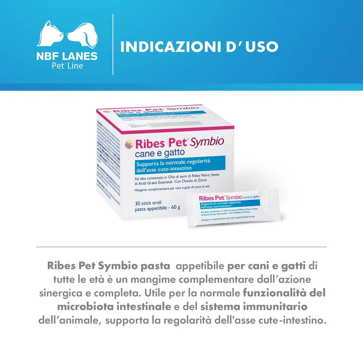 NBF Lanes | Ribes Pet Symbio Cane e Gatto, 30 Stick di Pasta Appetibile 60 g, Supporta la Normale Regolarità dell’Asse Cute-Intestino