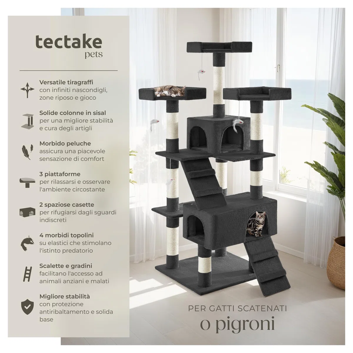 tectake® Tiragraffi per Gatti, Albero per Gatto con 2 Casette in Peluche, 4 Topolini da Gioco per Felini, 3 Piattaforme, Struttura Robusta, Tiragraffi felino a più Piani - Nero