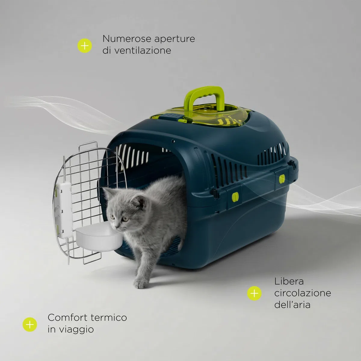 SAFY Trasportino Rigido per Gatti e Cani fino a 5 kg per Auto, Ventilato, Facile da Pulire, con Apertura Superiore per Controllo, Maniglia, Porta in Metallo con Doppia Sicura e Ciotola Inclusa