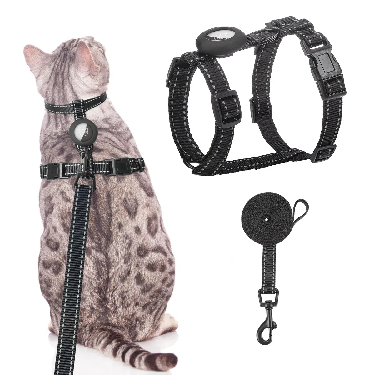 SCENEREAL Set di pettorina e guinzaglio per gatti a prova di fuga con supporto Airtag, pettorina riflettente per animali domestici, gilet regolabile per gattini, imbracatura morbida per esterni e