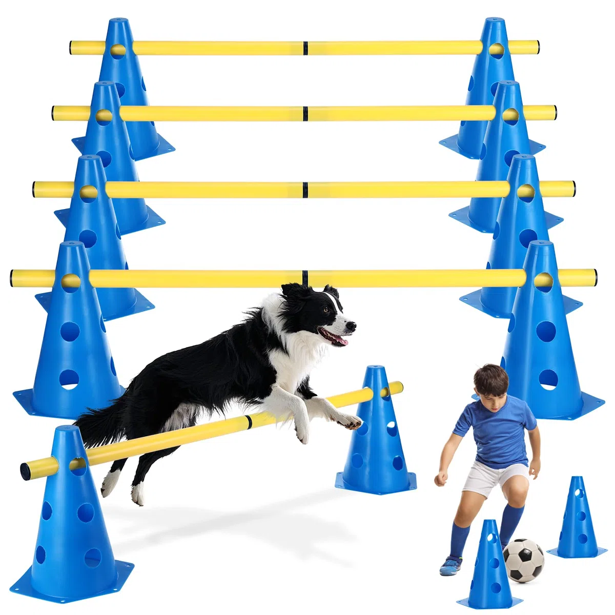 Set Agilità Cani, 8 Coni (24cm) + 4 Aste (81cm), Set Ostacoli Regolabili in Altezza, Cane Cavaletti per Allenamento Cinofilo, Parcour Bambini, Addestramento Cani e Coordinazione Sportiva