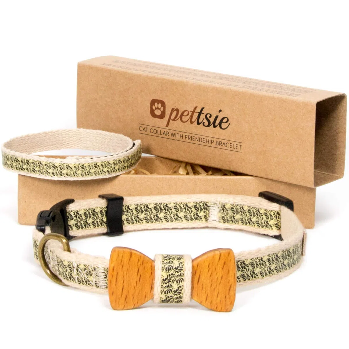 Pettsie collare di sicurezza per gatti con papillon e braccialetto dell'amicizia per te, 100% cotone resistente per una maggiore sicurezza, anello a D per accessori (20,3-28 cm)