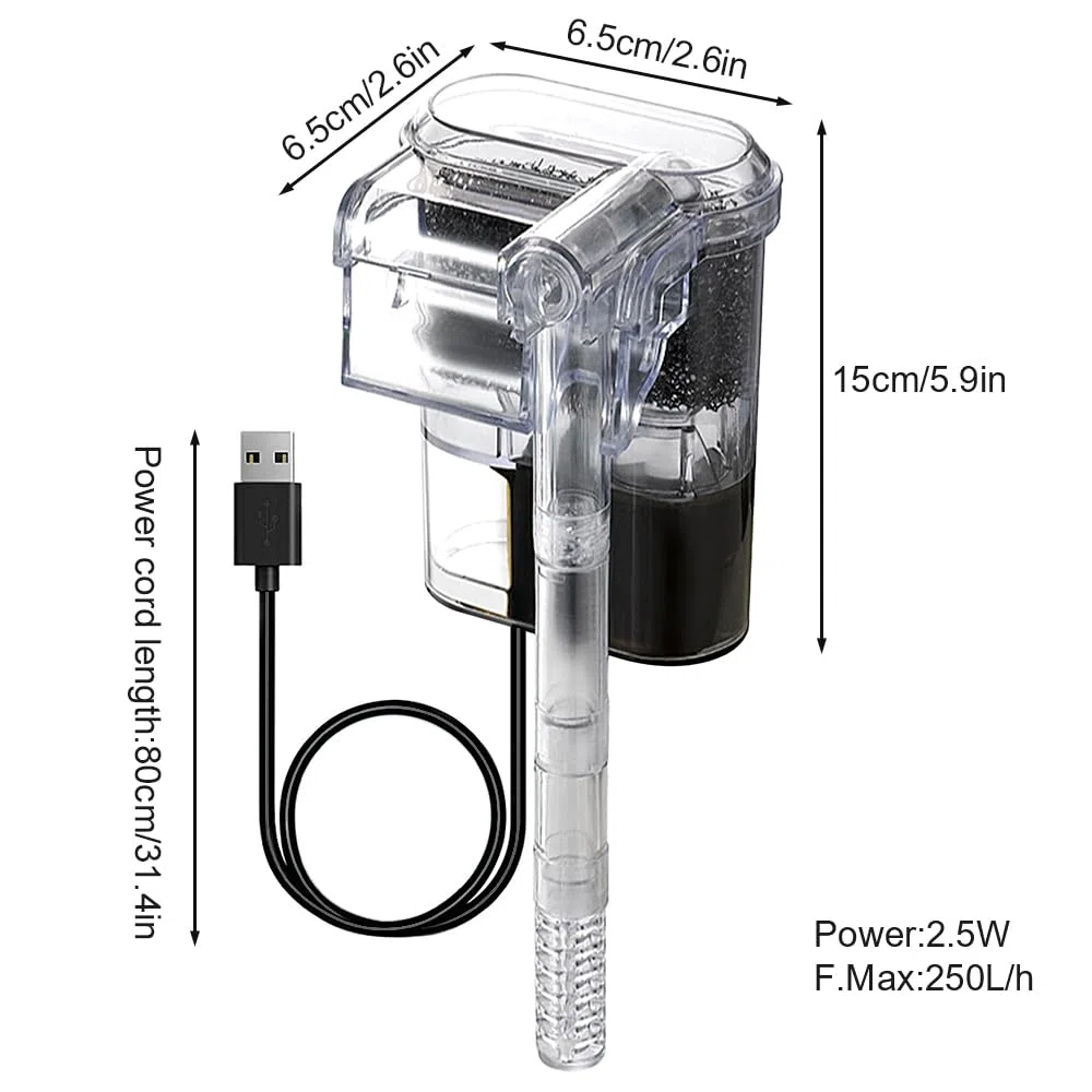 DONGKER Filtro Acquario,250 l/h 2,5 W USB Filtri Acquari Sottile da Appendere Retro con Flusso Regolabile Ultra Silenzioso per Acquario da 2-8 Galloni