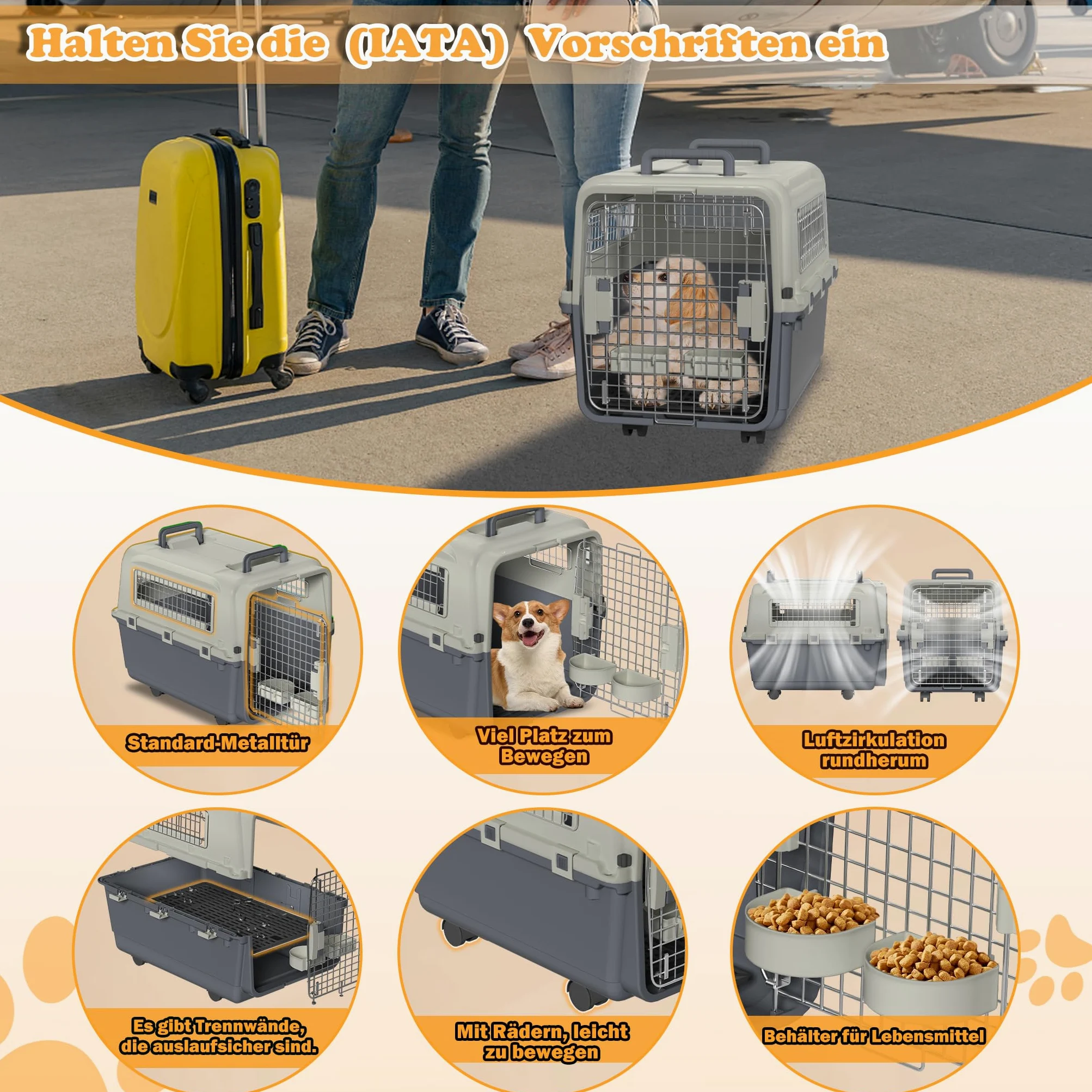 YUENFONG Trasportino per cani e gatti, con porta in ferro e prese d'aria, con cuscino e ciotola, 67 x 51 x 58,5 cm, con ruote e finestra in metallo