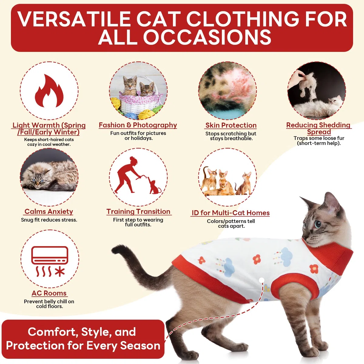 HjyHjyokuso Vestito Gatto in Cotone - Senza Maniche, Collo Alto, Respirante, Per Gatti Sensibili - Aiuta a Controllare la Perdita di Pelo e Calma l'Ansia - Rosso, L