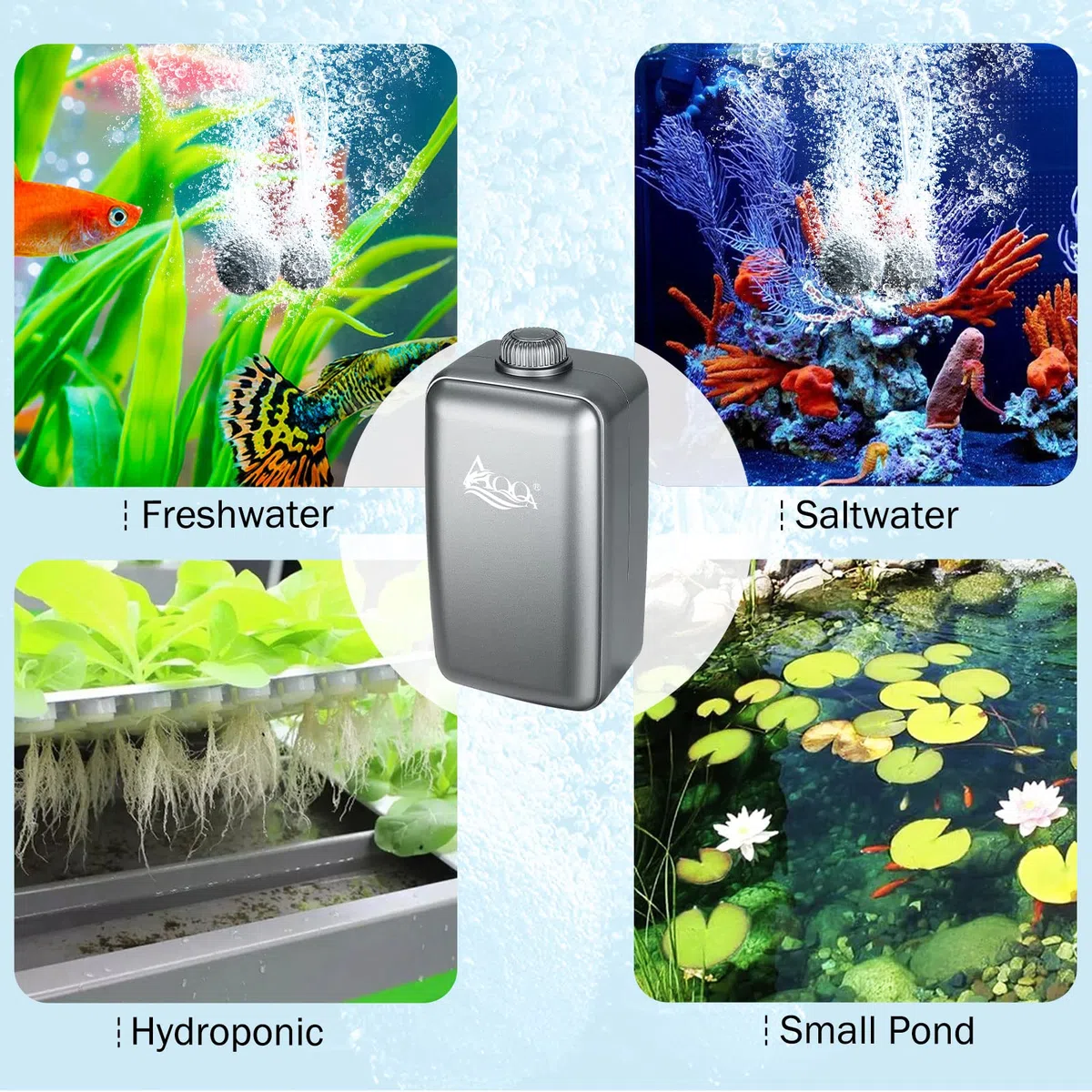 AQQA Ossigenatore per Acquario, ≤ 35dB Ultra-silenziosa Aeratore Acquario, 6W Pompa Aria per Acquario con Tutti Gli Accessori per Acquari da 10-380 Litri di Pesci