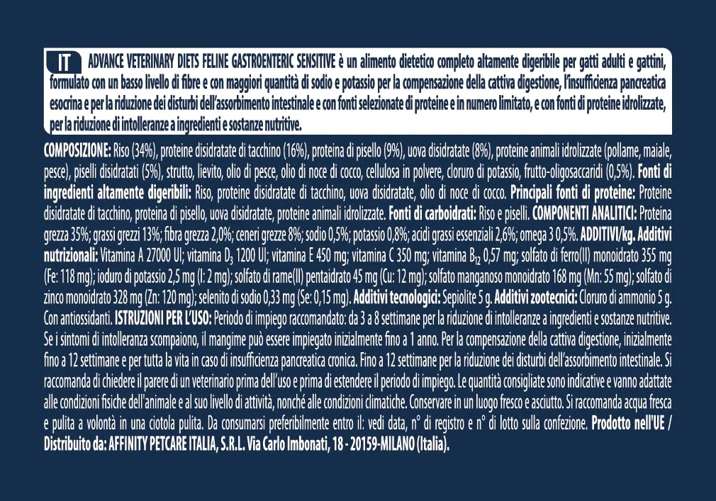 Advance Veterinary Diets - Gastroenteric Sensitive - Cibo per Gatti con Problemi Gastrointestinali - 1,5kg