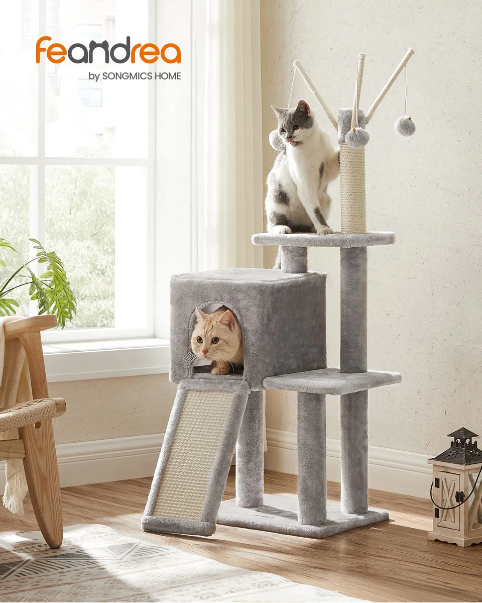FEANDREA Tiragraffi per Gatti, Albero per Gatti, Grotta per Gattini Micini, Diversi Livelli di Peluche, 42 x 32 x 118 cm, Graffitoio, 3 Bastoncini Pompom Rimovibili, Grigio Chiaro PCT143W01