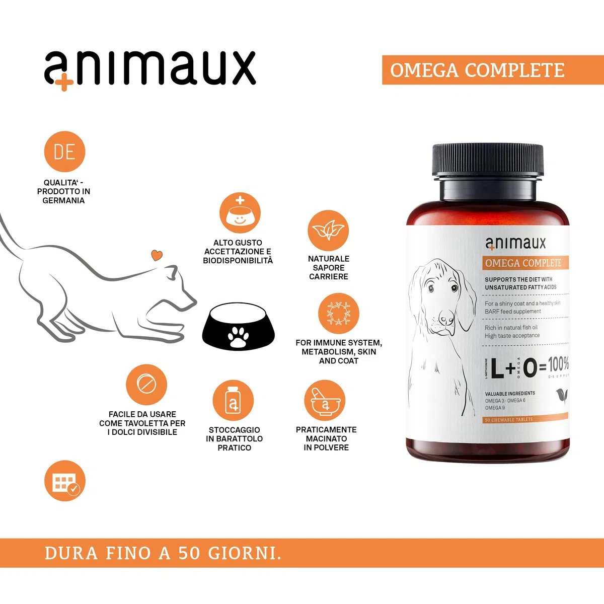 Omega 3, 6 & 9 per Cani - 50 compresse da masticare - Olio di Pesce Naturale con acidi Grassi per Metabolismo, Formazione di ossa, Pelle e Pelatura - animali Omega Complete Dogs