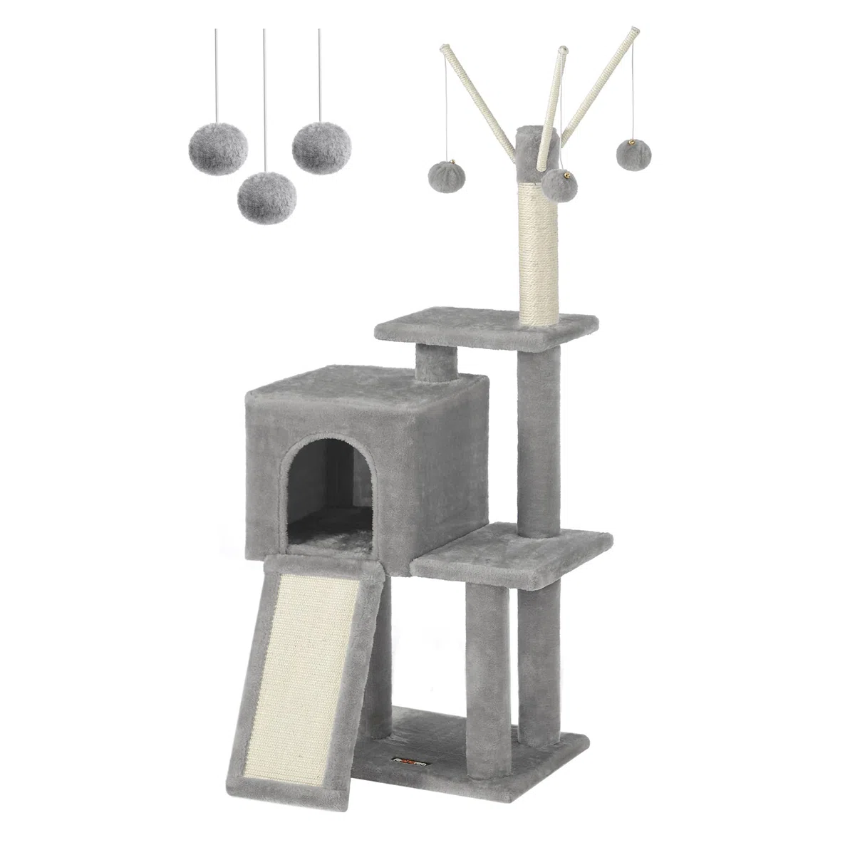 FEANDREA Tiragraffi per Gatti, Albero per Gatti, Grotta per Gattini Micini, Diversi Livelli di Peluche, 42 x 32 x 118 cm, Graffitoio, 3 Bastoncini Pompom Rimovibili, Grigio Chiaro PCT143W01
