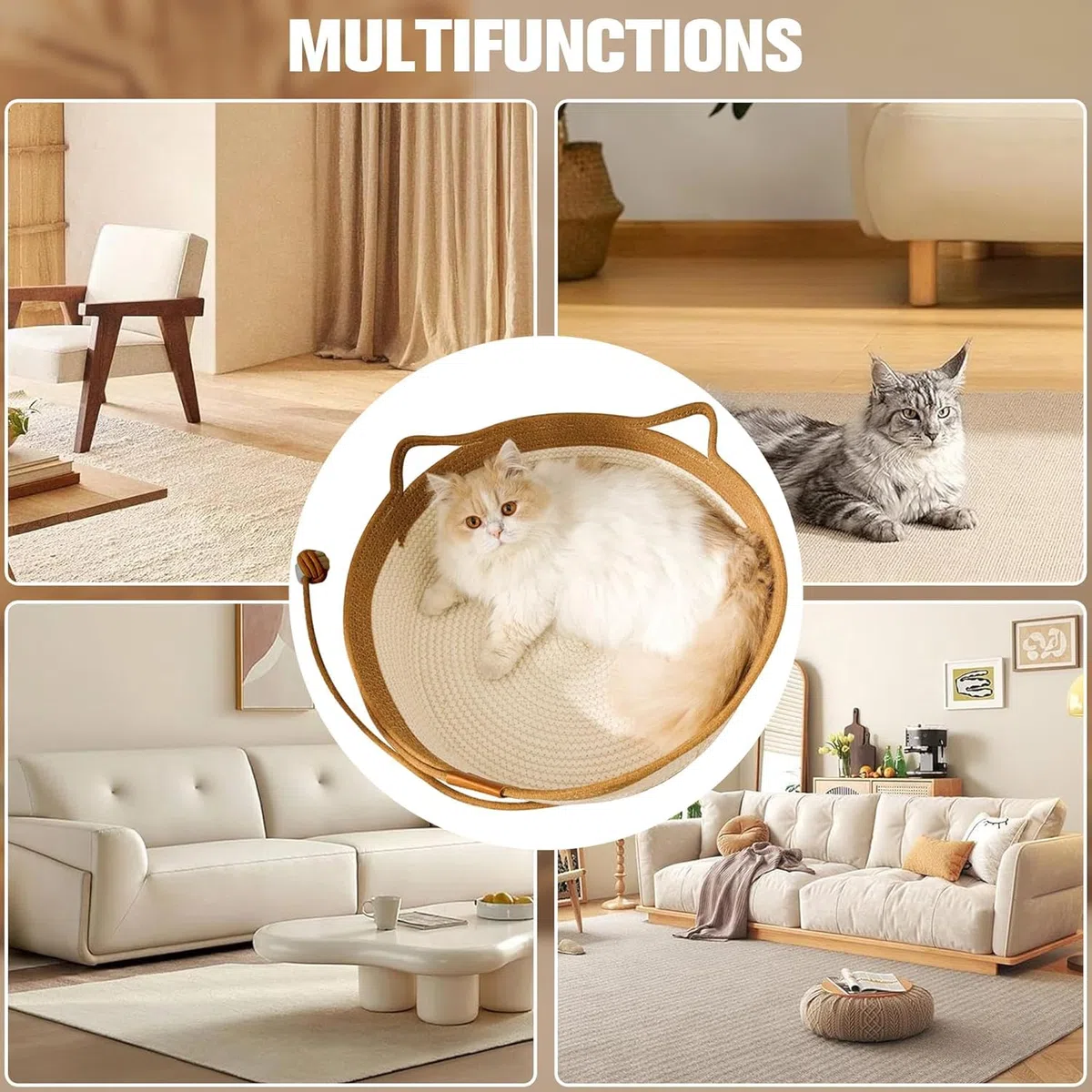 MEISO Letto per Gatti Interni in Cotone Tessuto a Mano, Cesto con Coda Giocattolo, Pieghevole e Traspirante (M)