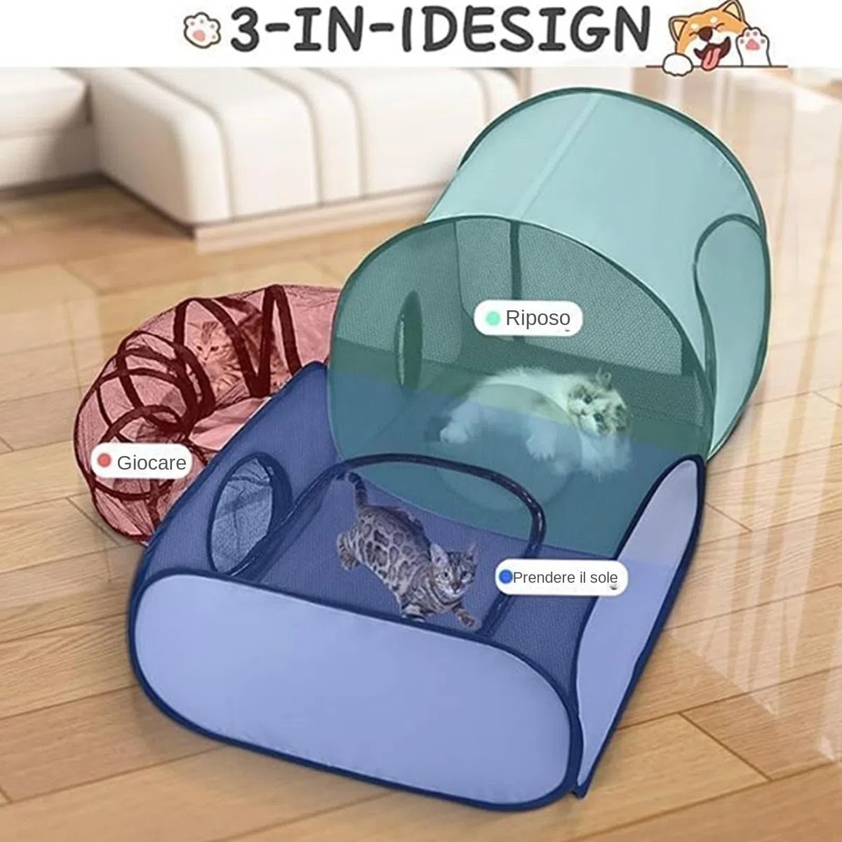 CAT PLAYPEN - Di Recinzione Per Gatti | Tunnel Di Recinzione Per Animali Domestici | Ploypen Per Animali Domestici Pieghevoli Con Tunnel Surround | Da Gattino In Rete Traspirante E Ad Alta