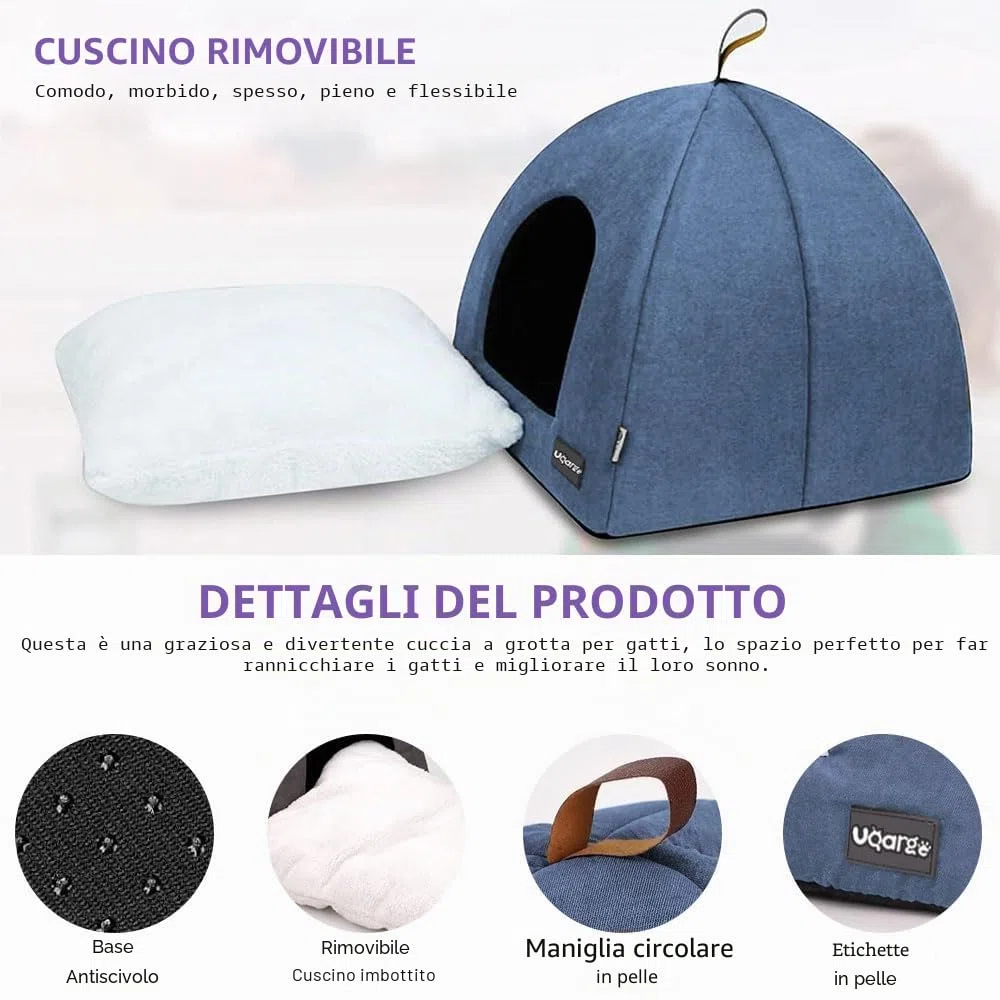 Voarge Letti per gatti, grotta morbida, in pile caldi, con cuscino interno rimovibile e lavabile, blu, Small