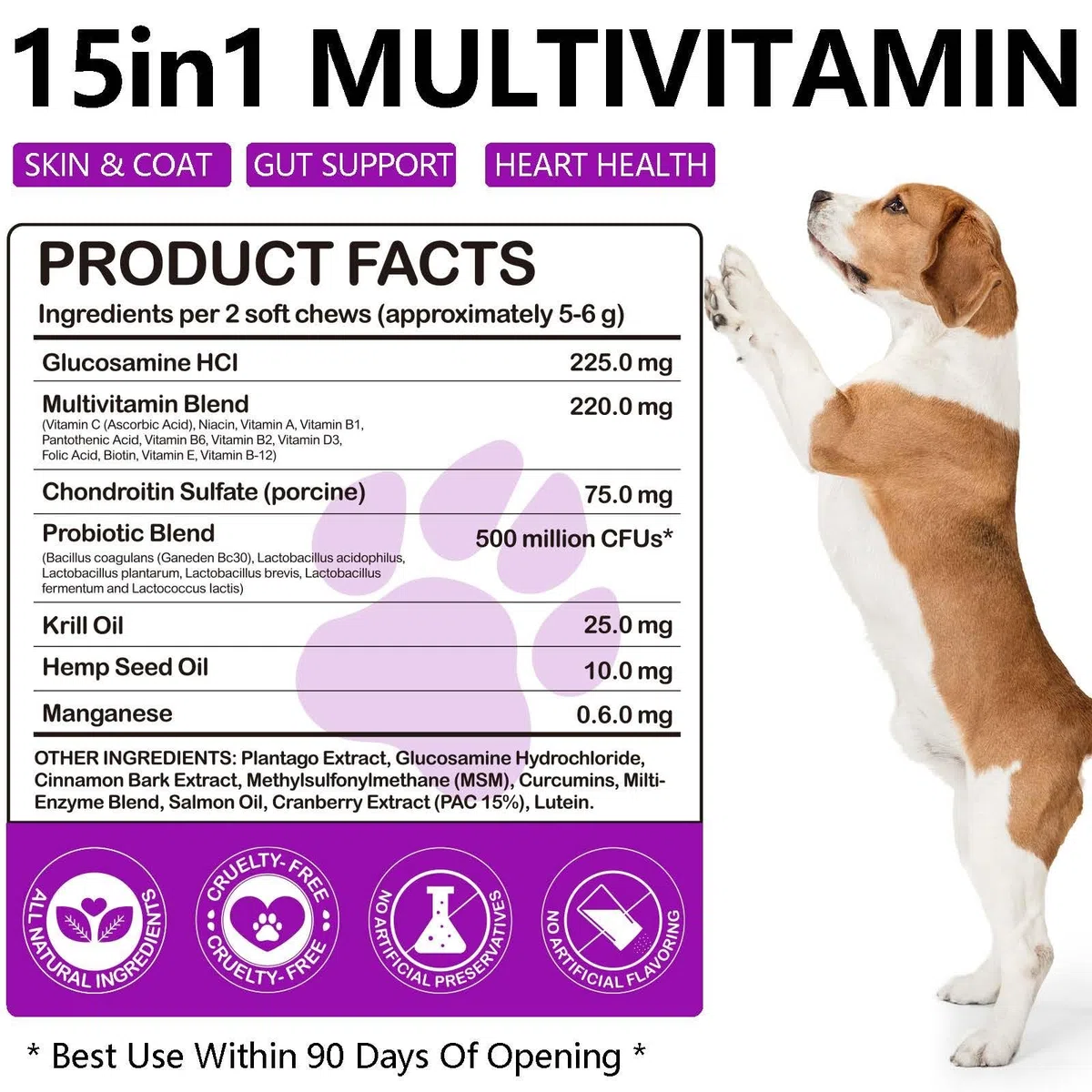 Multivitaminico 15 in 1 per cani - 150 snack masticabili con supporto per le articolazioni, salute digestiva, cuore, pelle e pelo - Vitamine per cani A, E, D3, B12 e minerali essenziali