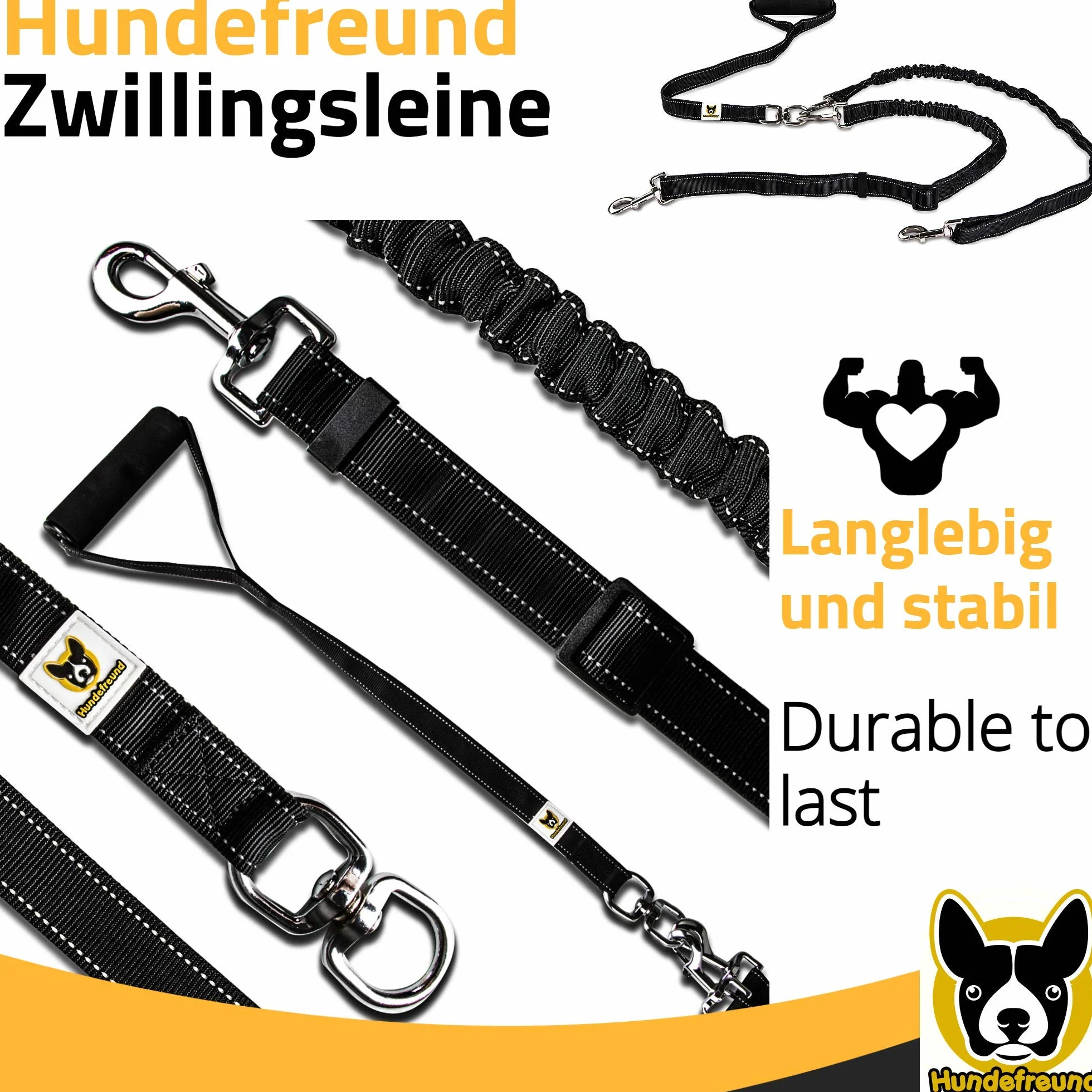 Guinzaglio doppio | Guinzaglio per 2 cani | Guinzaglio estensibile e riflettente da 165 cm a 220 cm con una impugnatura morbida per due cani a partire da 20 kg